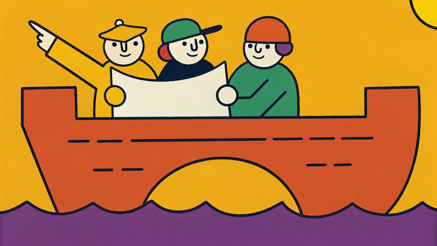 Drawing of three colleagues on a canal boat treasure hunt, one pointing ahead while the others hold a big paper map