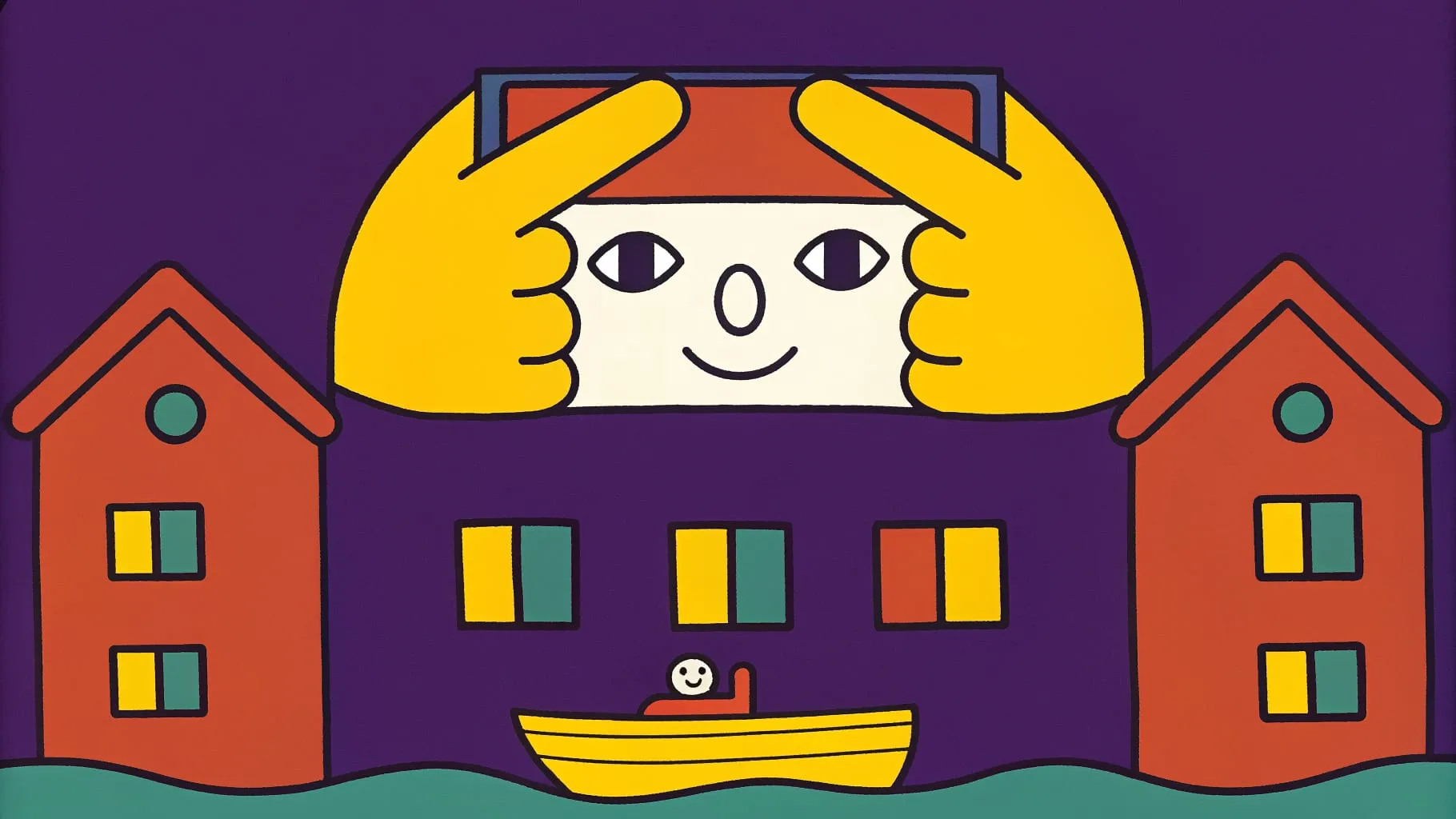 Drawing of two hands holding up a smartphone with a smiling face between old Amsterdam canal houses at night, a little boat on the canal below