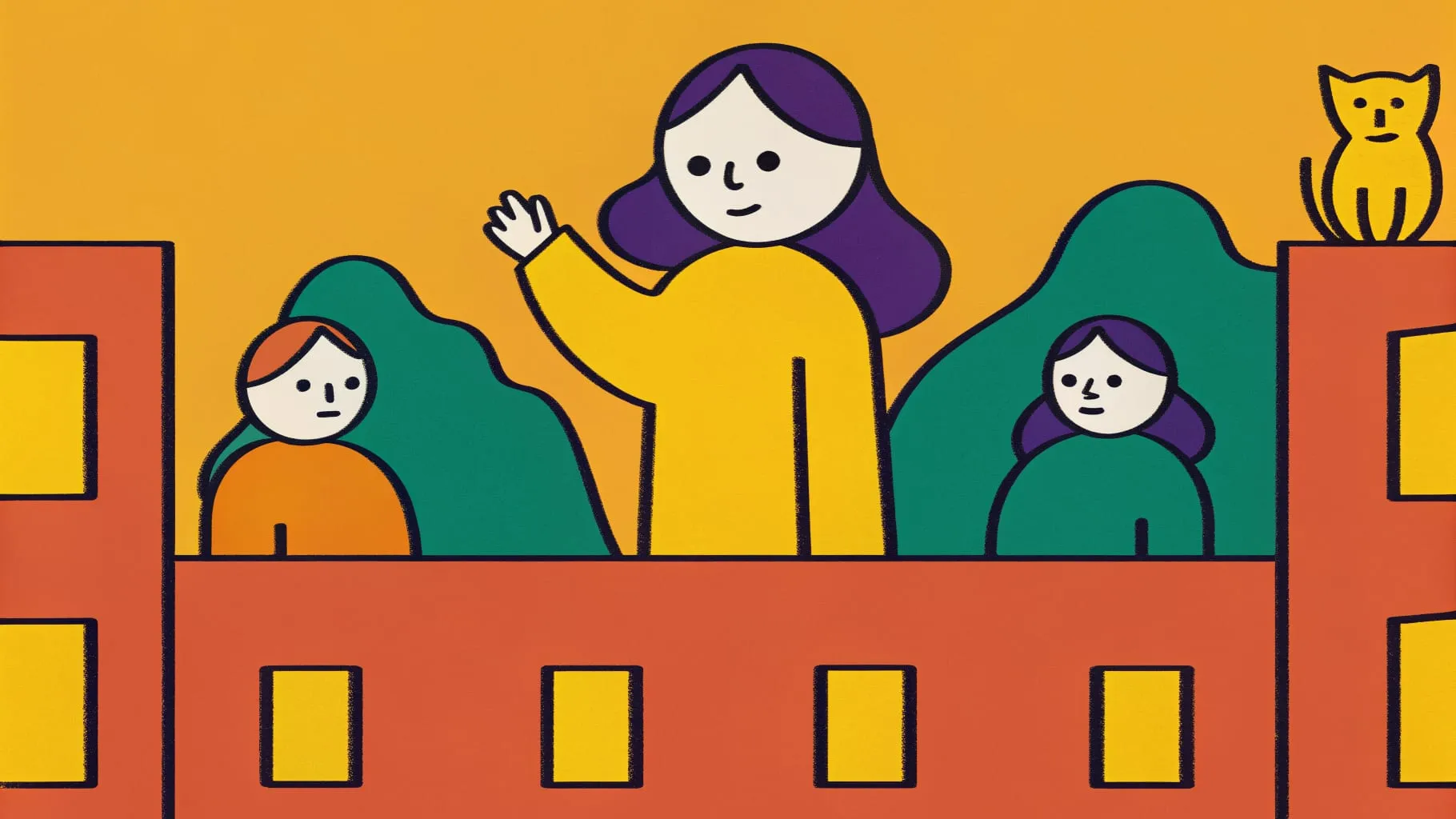 Drawing of a storyteller guide waving to two listeners in a hidden green courtyard, with a yellow cat watching from the wall