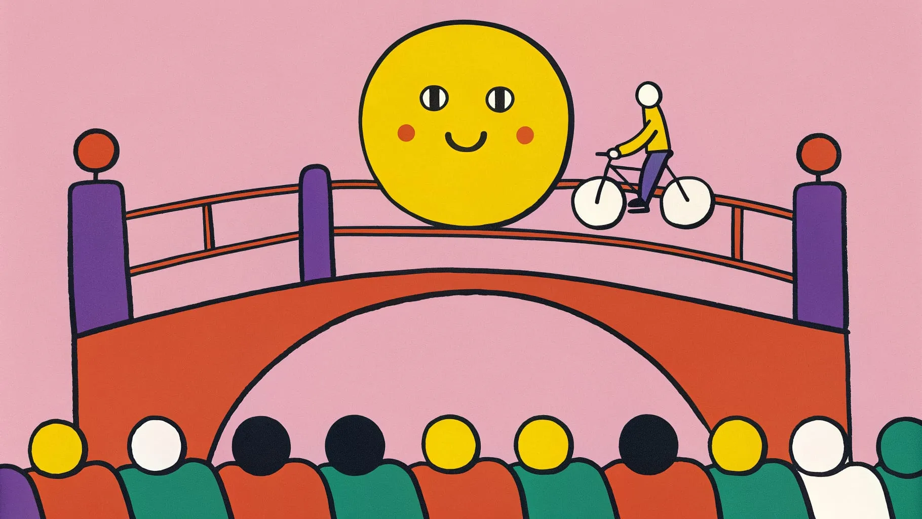 Drawing of a big smiling yellow globe rolling over an Amsterdam canal bridge next to a cyclist, with a crowd watching from below