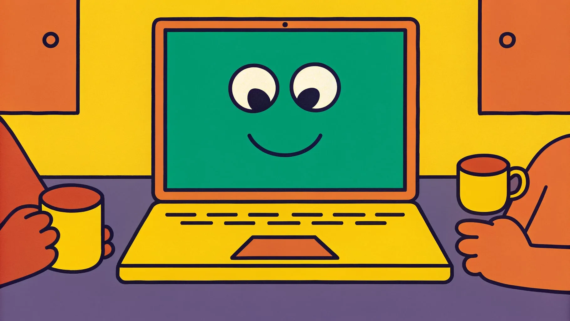 Drawing of a laptop with a big smiling face on a table, chatting with two people holding coffee mugs