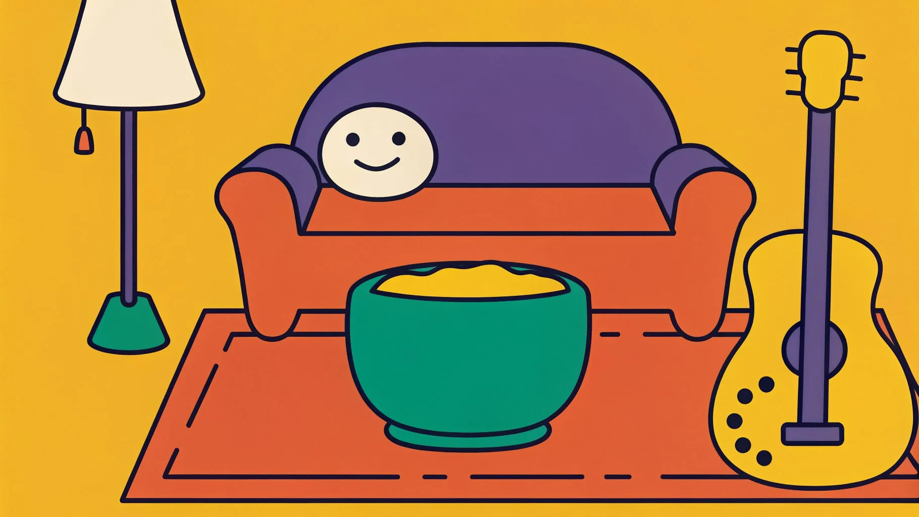 Drawing of a cosy living room with a storyteller on the sofa, a big green pot of soup on the rug, a floor lamp and a guitar