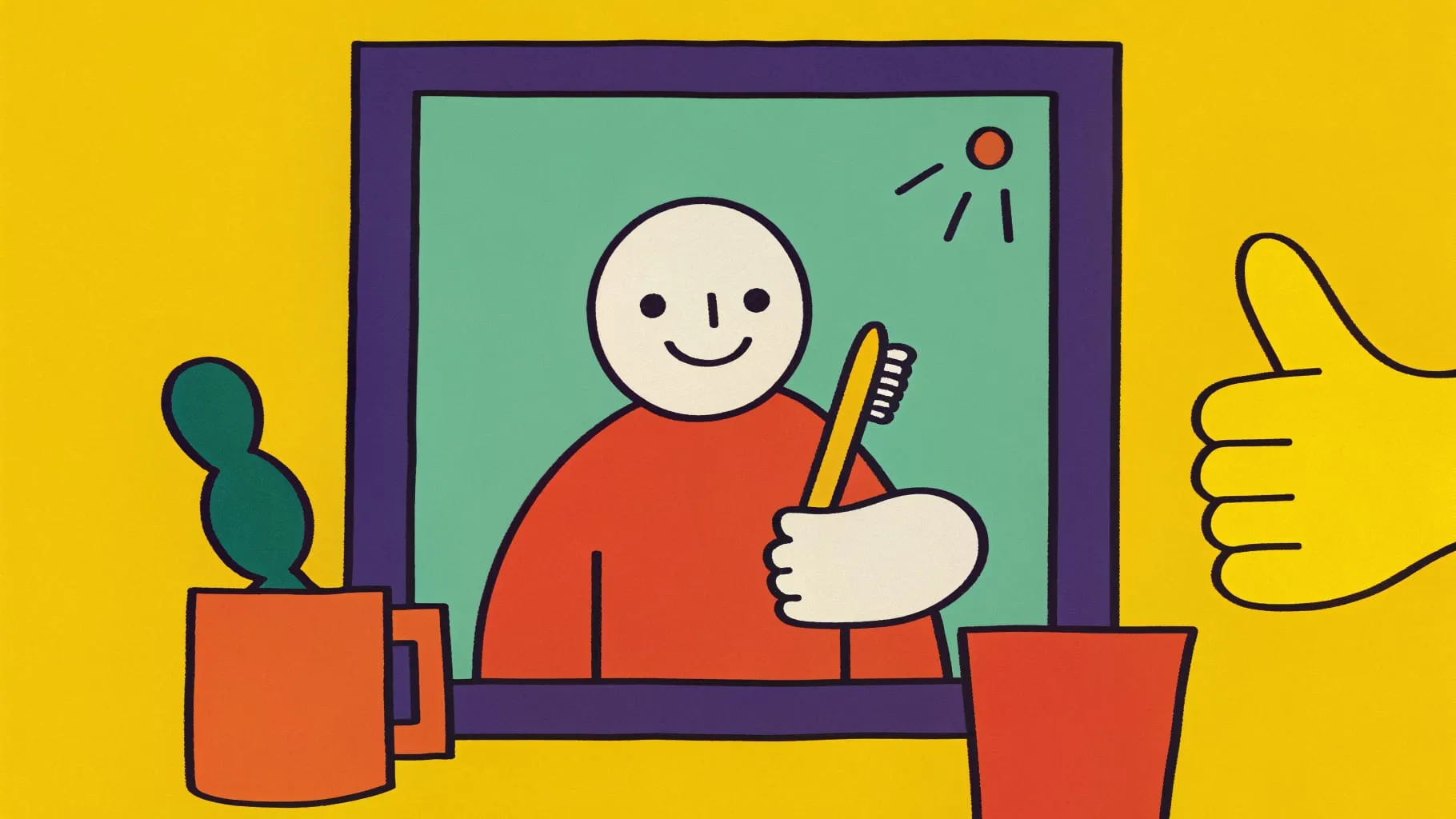 Drawing of a storyteller practising in the bathroom mirror with a toothbrush in hand, while a big hand gives a thumbs up from the side