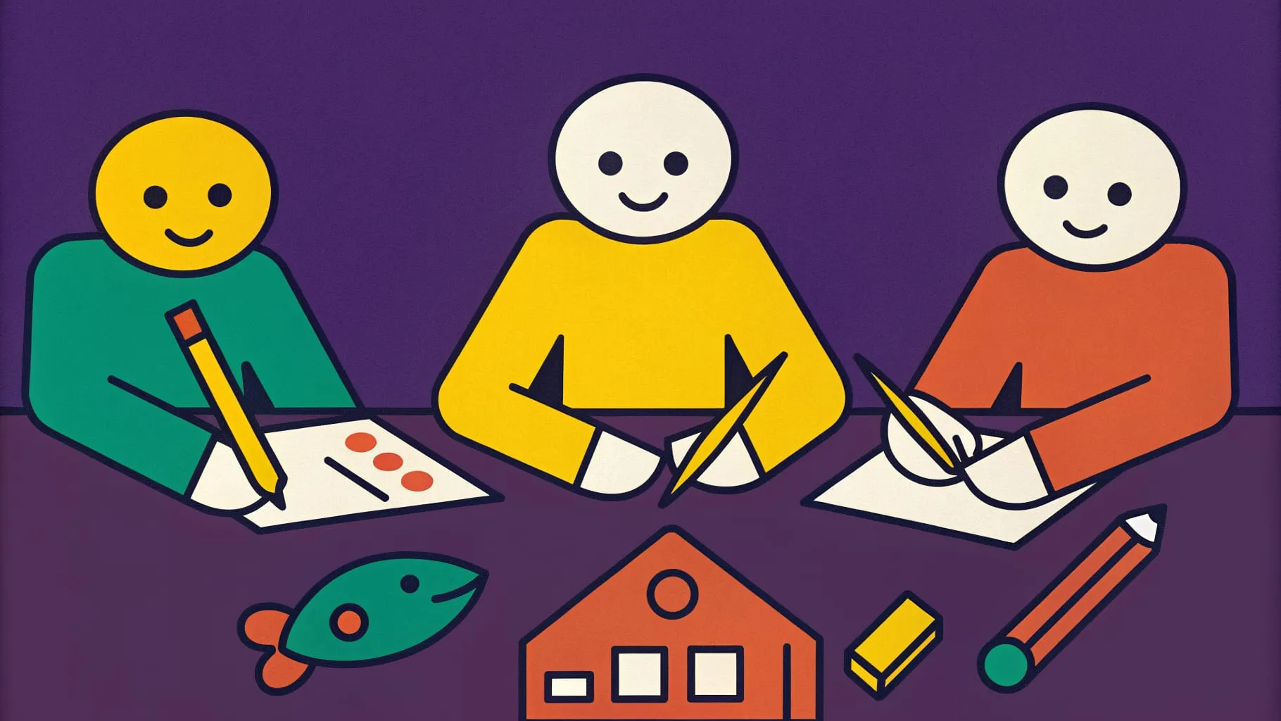 Drawing of three workshop participants drawing a story at a table, with a paper fish, a little house and coloured pencils