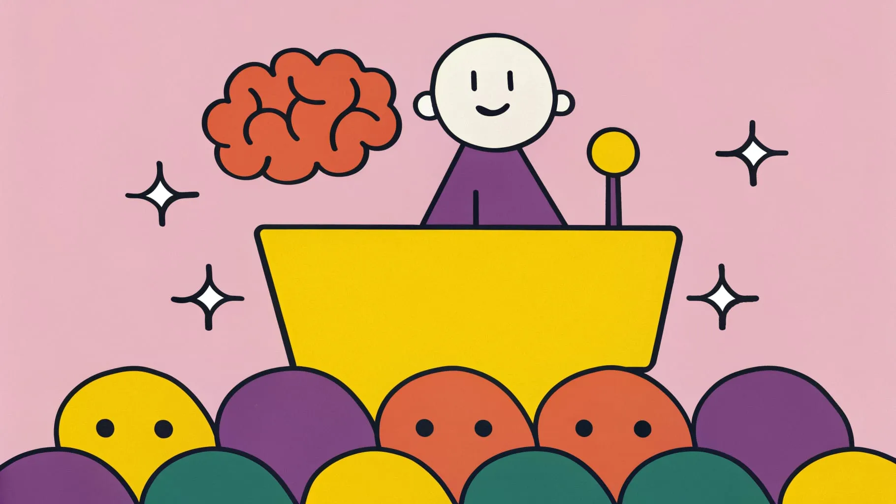 Drawing of a speaker at a yellow lectern with a pink brain floating beside them and sparkles around, the audience in front