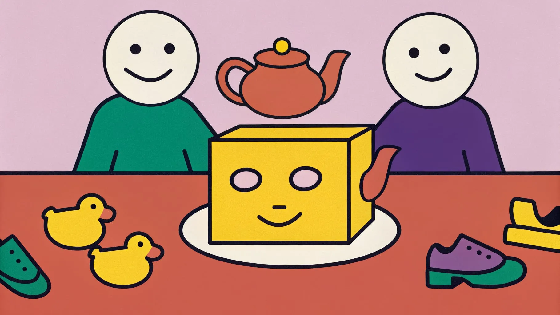 Drawing of the Story in a Box game: two players smile at a cardboard box with a face, surrounded by rubber ducks, a teapot and an old shoe