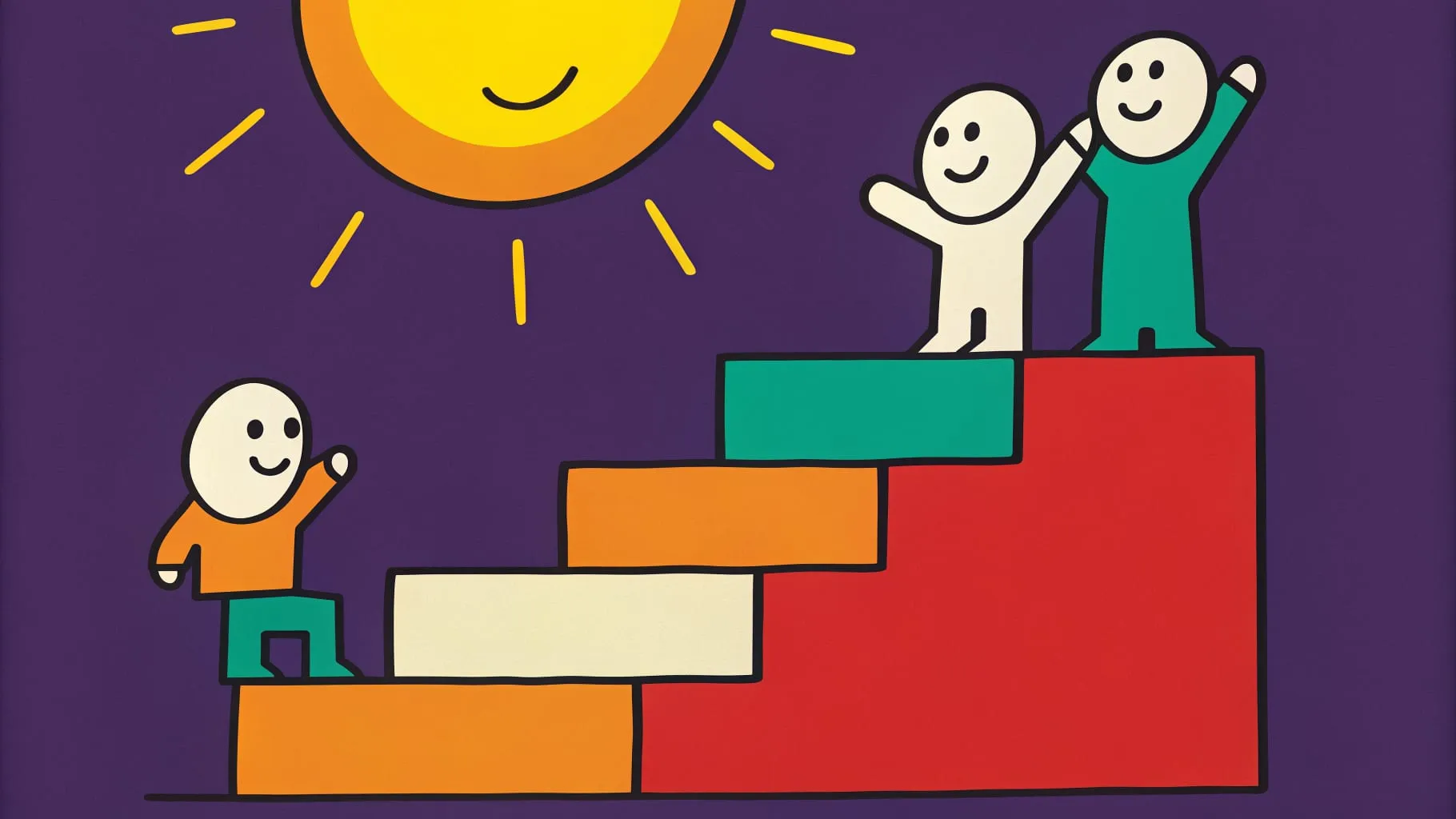 Drawing of a storyteller climbing a staircase of coloured blocks toward a smiling sun, two friends cheering at the top