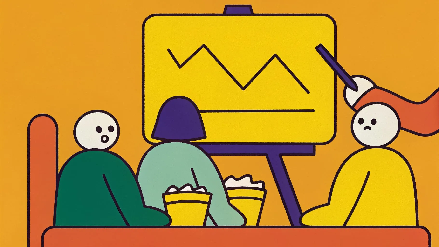 Drawing of a storytelling training: a trainer points at a zigzag story line on a flip chart while three colleagues on a sofa watch