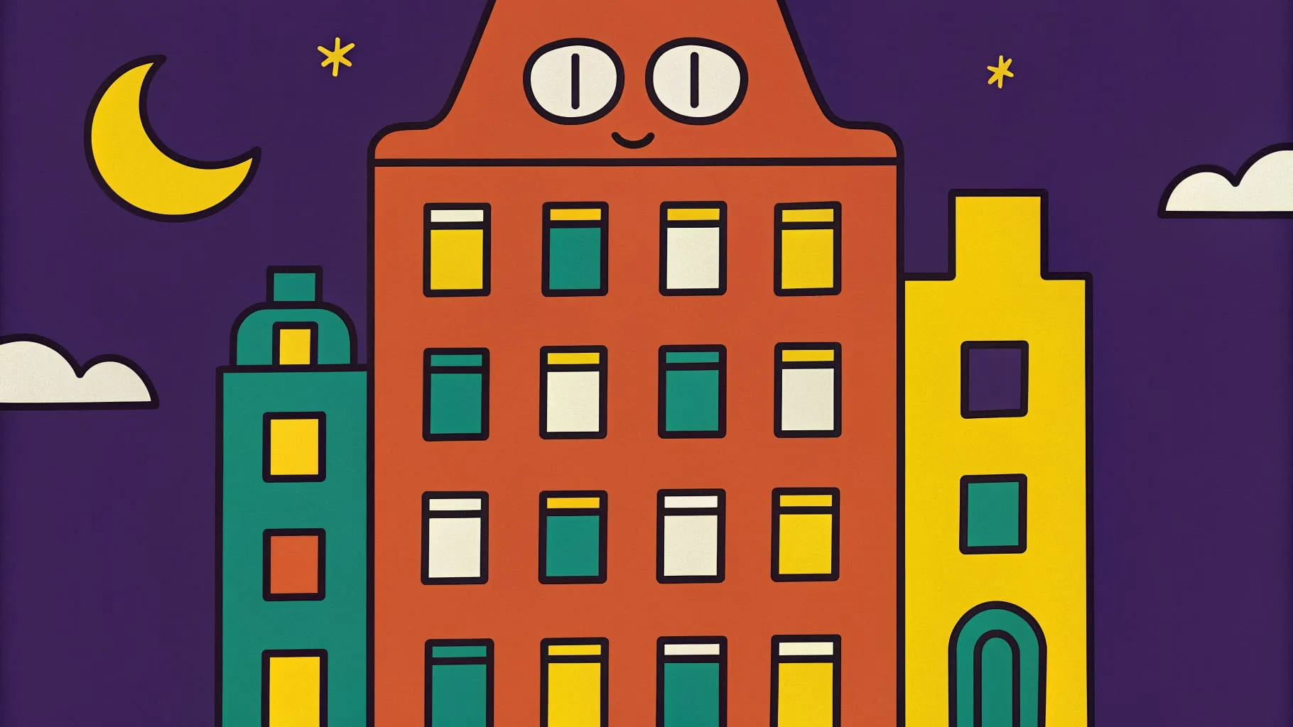 Drawing of a tall red Amsterdam canal house with big eyes and a smile, between two smaller houses under a yellow moon