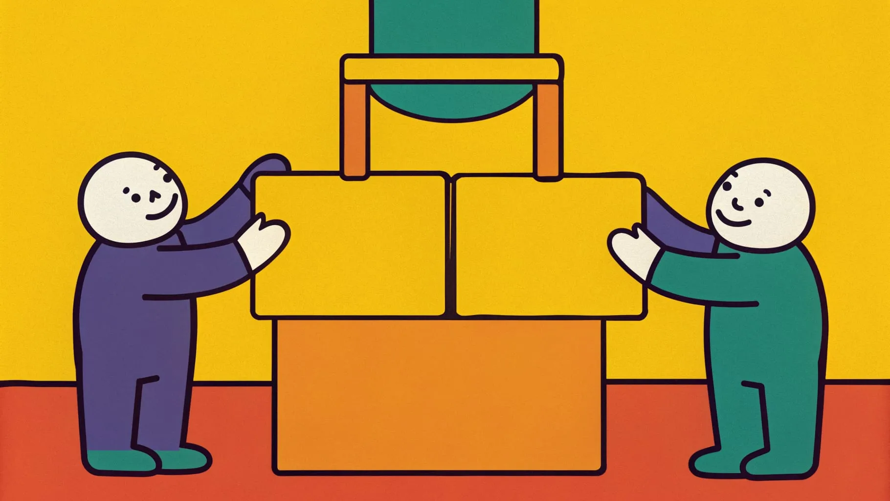 Drawing of two colleagues stacking big yellow cardboard boxes with a chair on top, smiling as they hold the wobbly tower steady