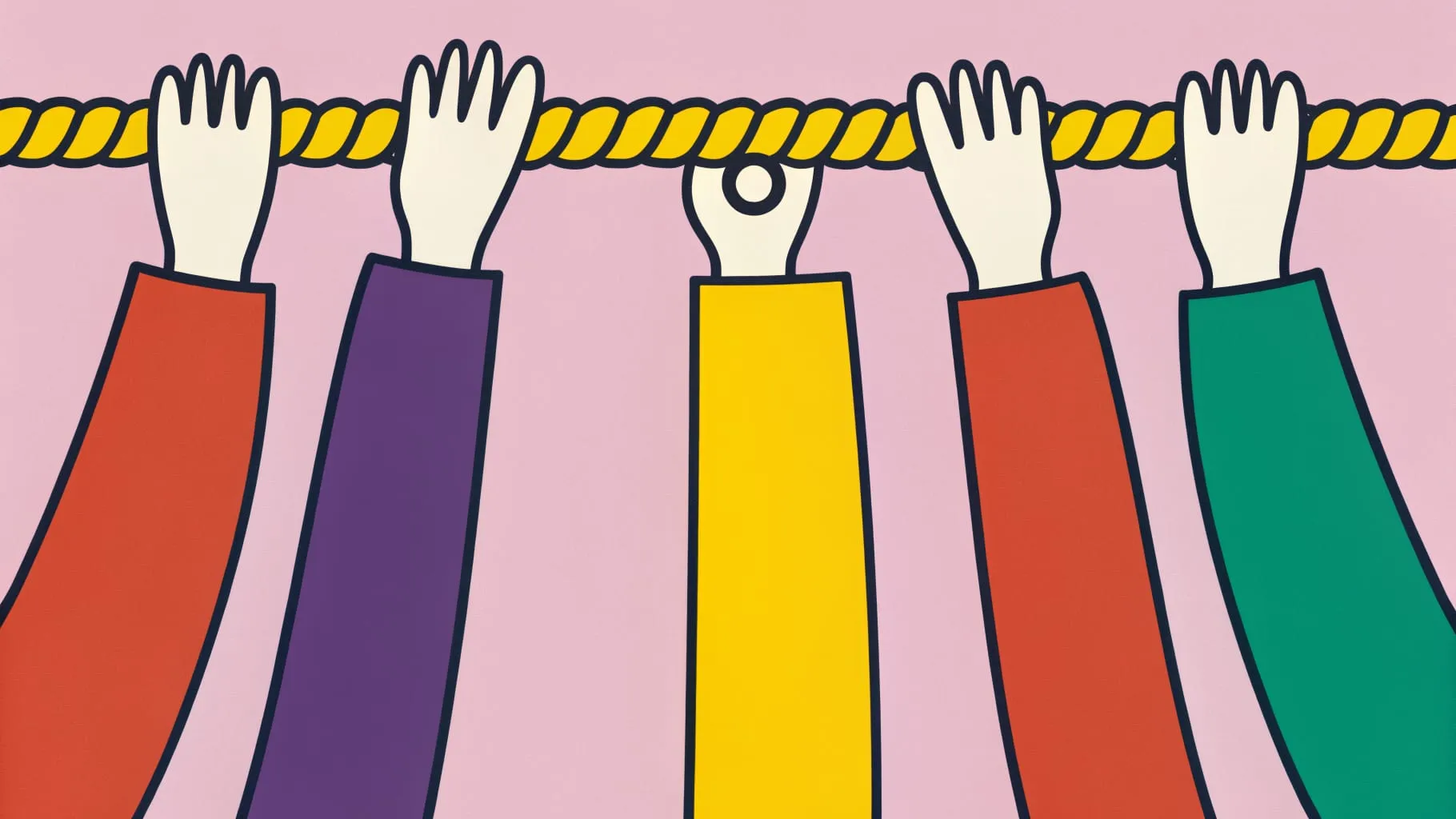 Drawing of five arms in different coloured sleeves reaching up to hold one long yellow rope together