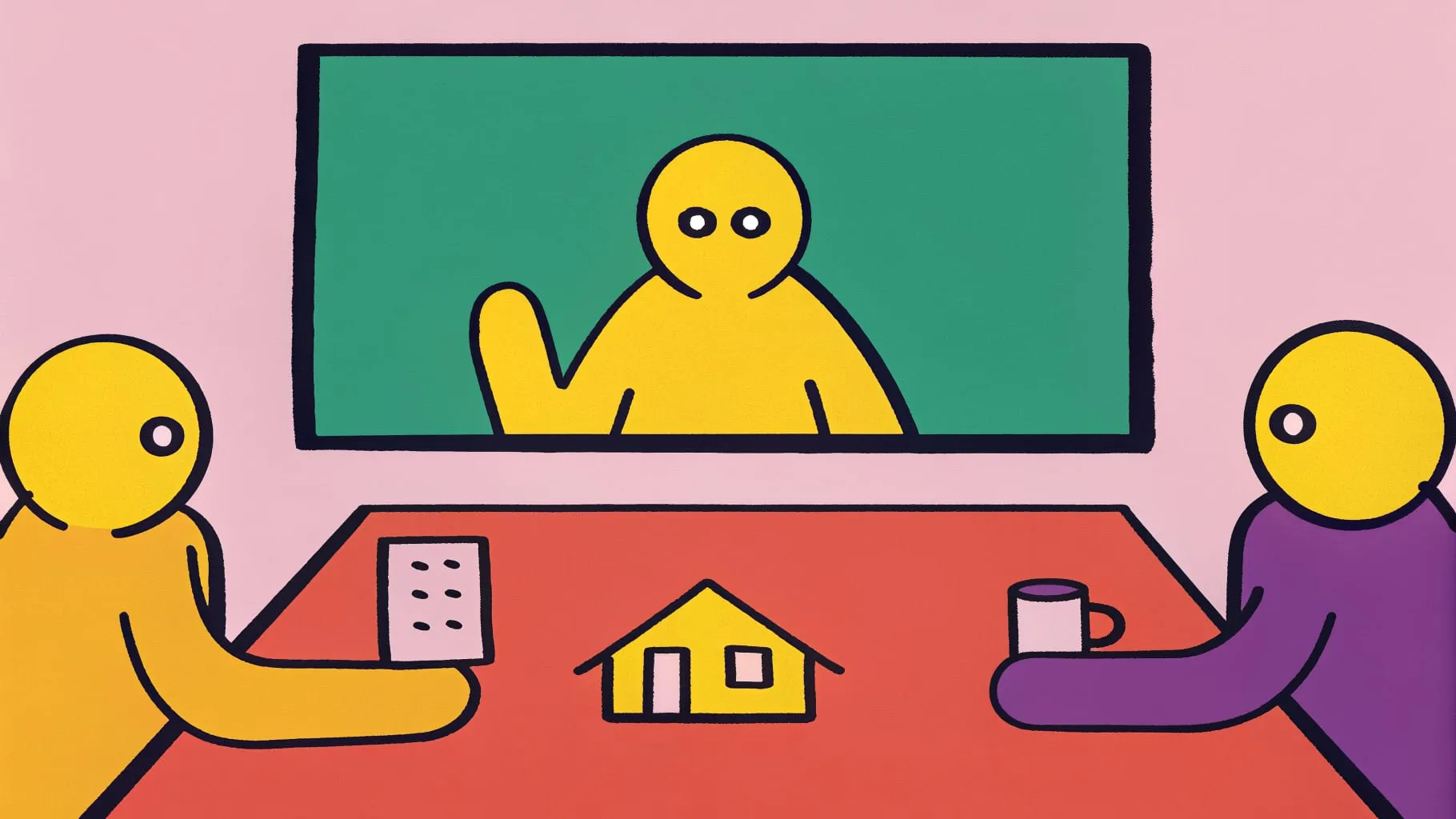 Drawing of a team meeting: a colleague waves from a big green screen while two others at a red table listen, with a little canal house and a coffee mug between them