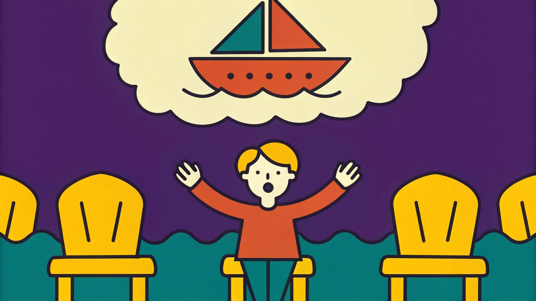Drawing of a workshop participant standing up with arms raised to tell a story, empty chairs around and a thought cloud with a sailing boat above